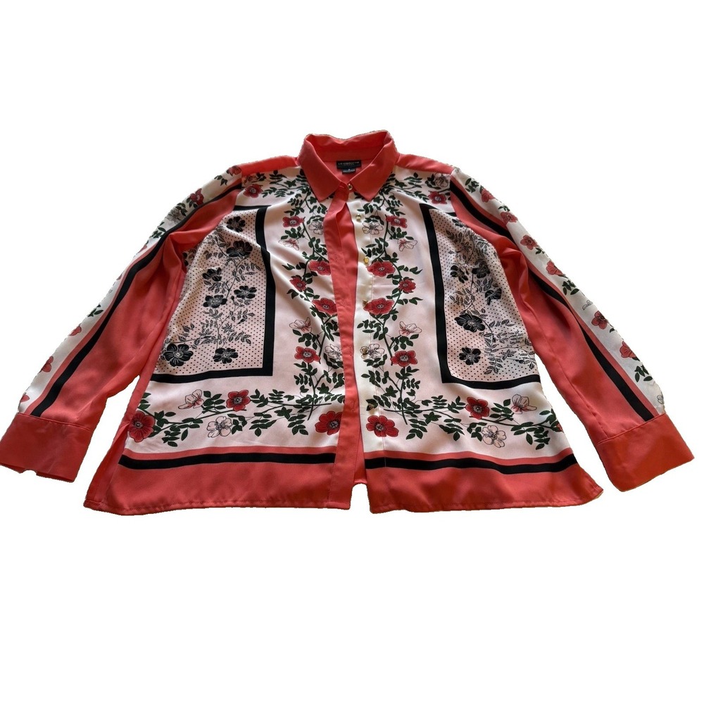 Liz Claiborne Women's S Coral Floral Satin Polyester Collared Button-Up Blouse